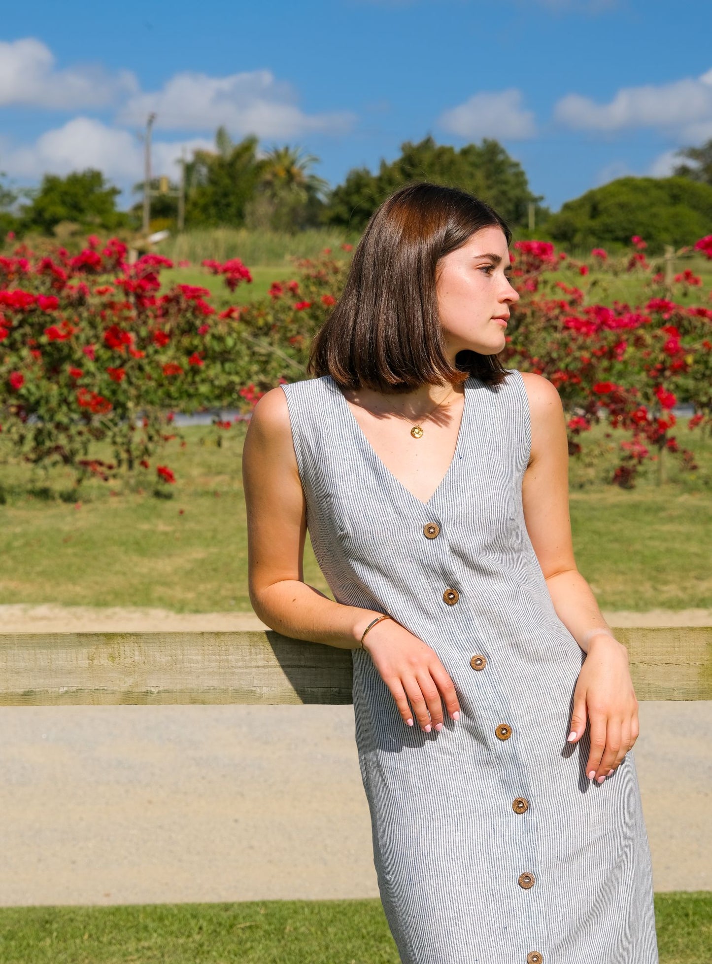 Claire Dress / Navy and Milk Striped Linen