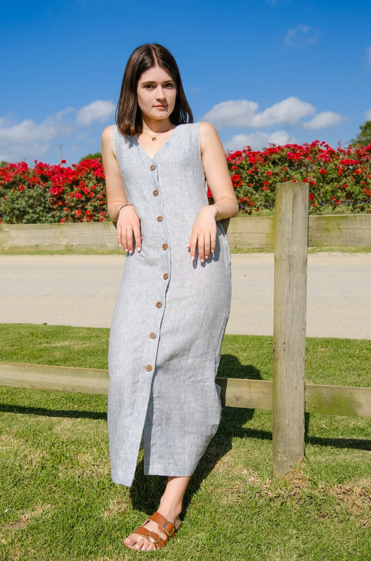 Claire Dress / Navy and Milk Striped Linen